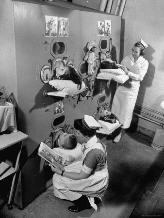 Nurses at Children's Hospital Tending Young Polio Patients Contained in Iron Lung Room.
Source: Pinterest